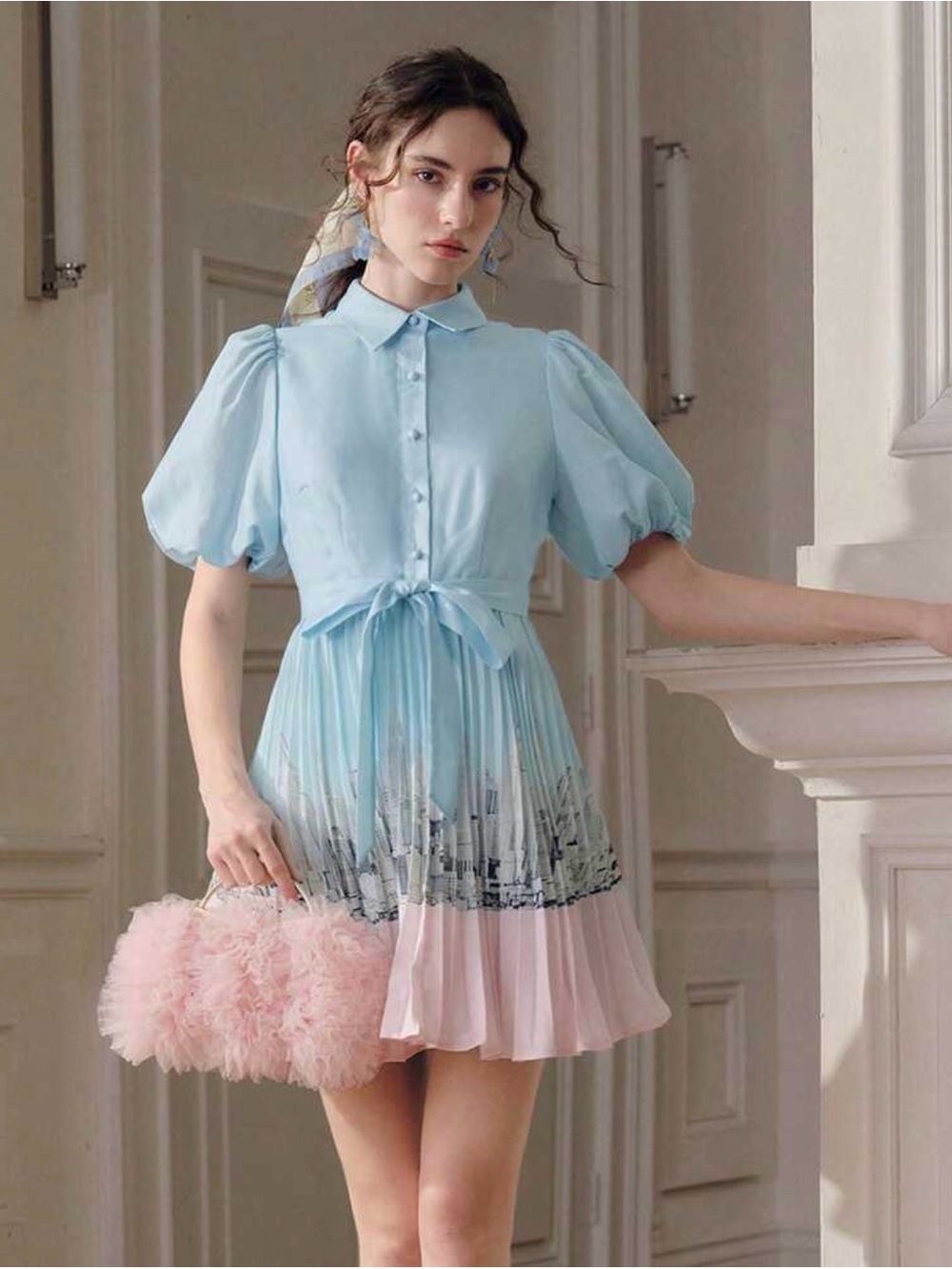 Anestesia Pastel Blue & Pink Pleated Puff-Sleeve Mini Dress with Tie Waist